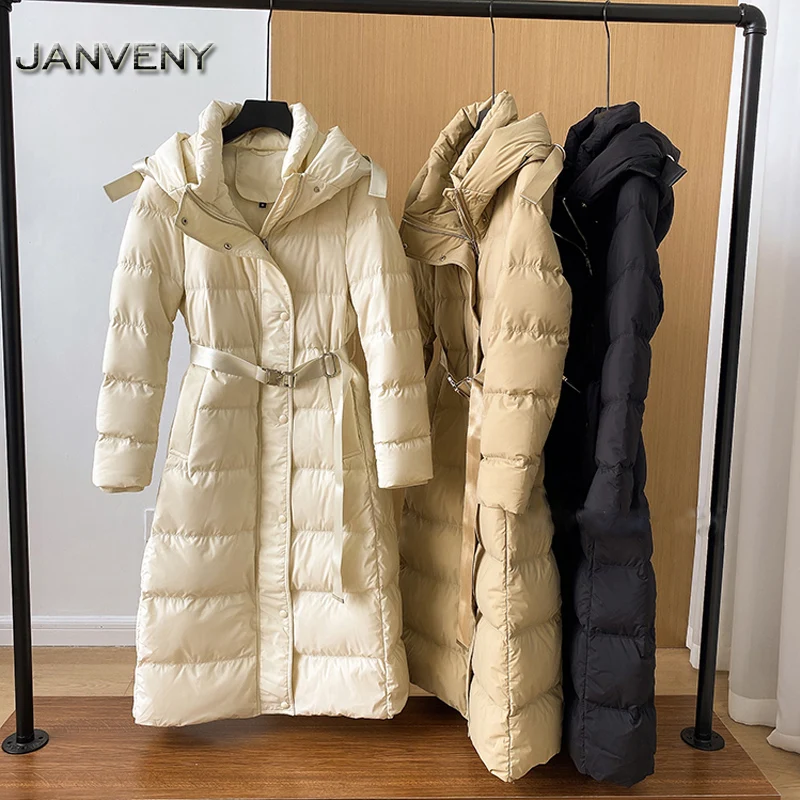 JANVENY 2022 New Winter Fashion Hooded Long Parkas Women Zipper 90% White Duck Down Belted Coat Slim Lace-up Snow Puffy Outwear