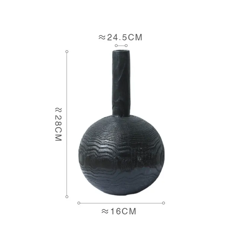 Black Round Ball Solid Wood Fine Mouth Vase Round  Retro Homestay Zen Japanese Style  Design Decor