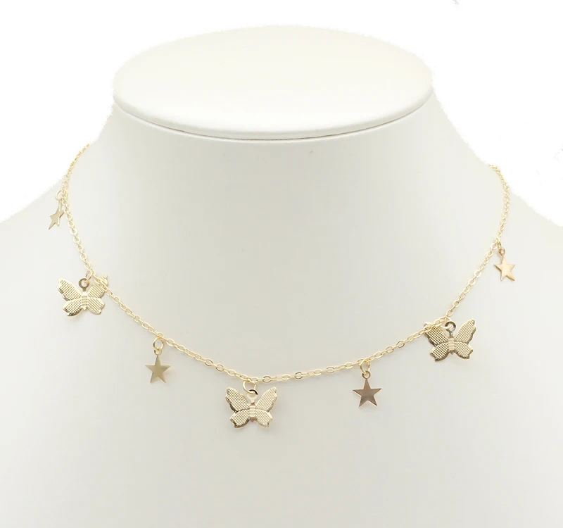 Fashion Jewelry Choker Star Disc Minimalist Design Gold Brass Butterfly Baby girl Pendant Necklace for women