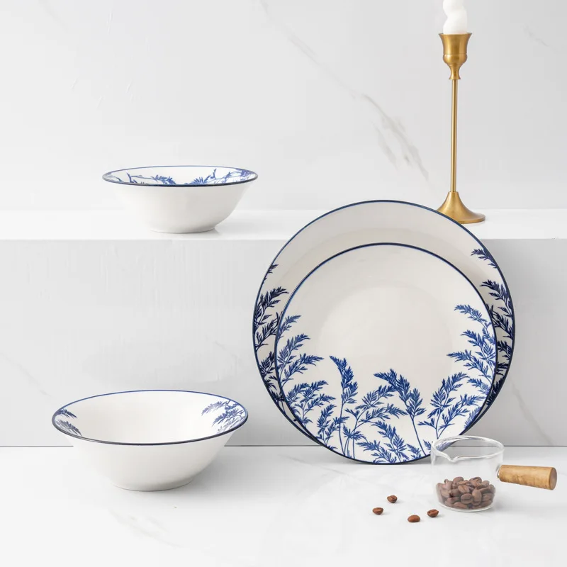 Hot porcelain bowl and dish household bowls and plates Chinese rice bowls and plates underglaze color tableware and soup bowls