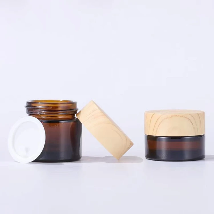  bottle cosmetic empty bottles with wooden cap 5g 10g 30g 50g 100g amber glass