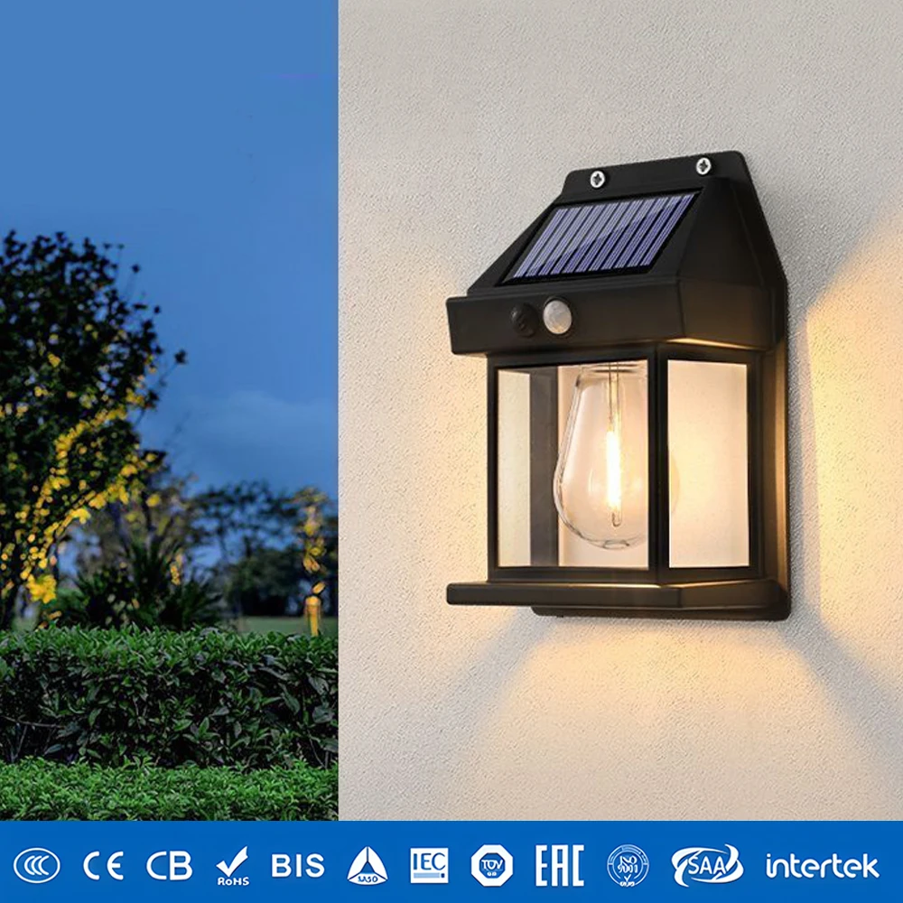 Intelligent Motion Sensor Solar Tungsten Night Lamp 3 Lighting Modes Waterproof LED Wall Lantern Garden Decoration Plastic Body