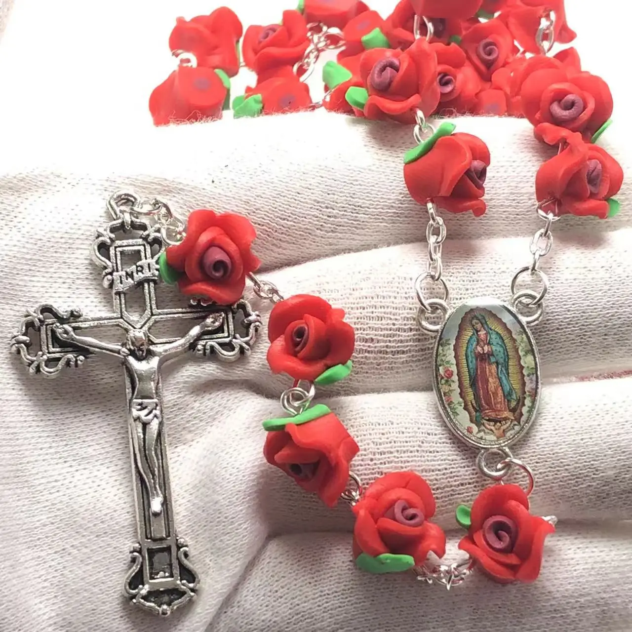 Red soft ceramic rose beads rosary polymer clay necklace with Jesus cross Virgin Guadalupe rosary center