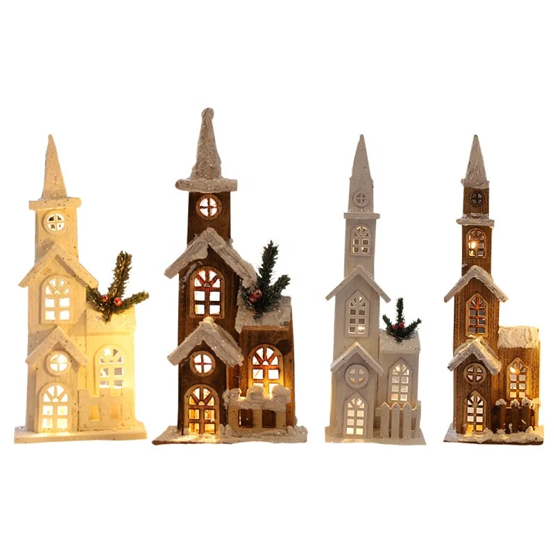 Christmas Wooden Lights Castle Christmas Snow View Small Wooden House Decoration Christmas Tree Snow House