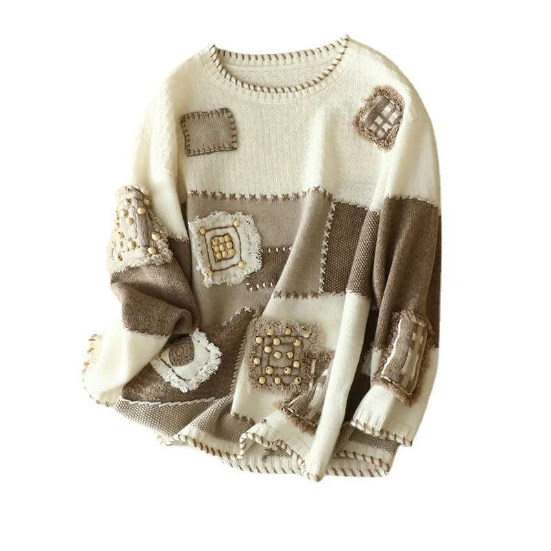 Factory Ready to Ship Fall Winter Wool Cashmere Vintage Beading and Embroidery Knitwear Crew-neck Knitted Tops For Women