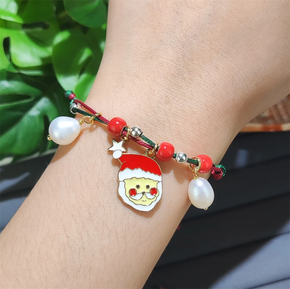 2024 Friendship Jewelry Hand Knit Rope Adjustable Braided Christmas Bracelets Ceramic Beaded Pearl Bracelets With Santa Claus