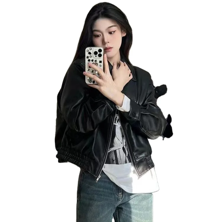 Luxury fashion high quality leather jacket women motorcycle zipper short leather jacket for women