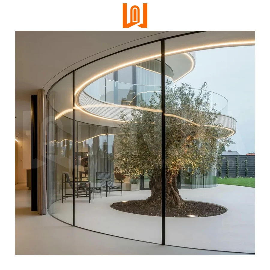 WANJIA Custom Villa Aluminum Curved Fixed Window Floor To Ceiling Fixed Glass Window