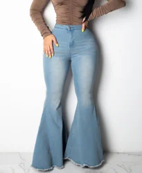 2021 New Arrival Bell Bottom Jeans High Waist Button Closure Women Flare Pants Light Blue Jeans