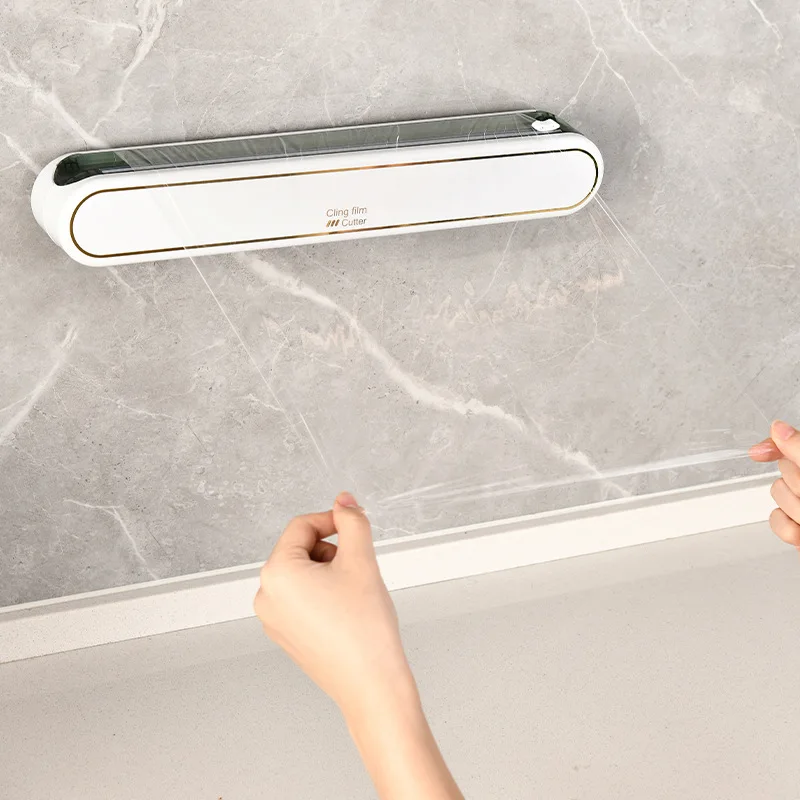 2024 New Cling Film Cutter Suction Cup Wall Hanging Cling Film Cutting Box Kitchen Divider Adjustable Storage Cutter