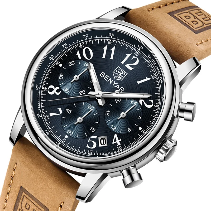 New Watches Men Luxury Brand BENYAR Chronograph Men Sport Watches High Quality Leather Strap Quartz Wristwatch Relogio Masculino