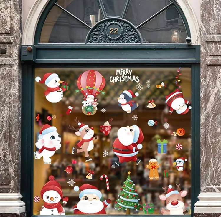 New hot air balloon santa claus elk snowman waterproof christmas tree window stickers
