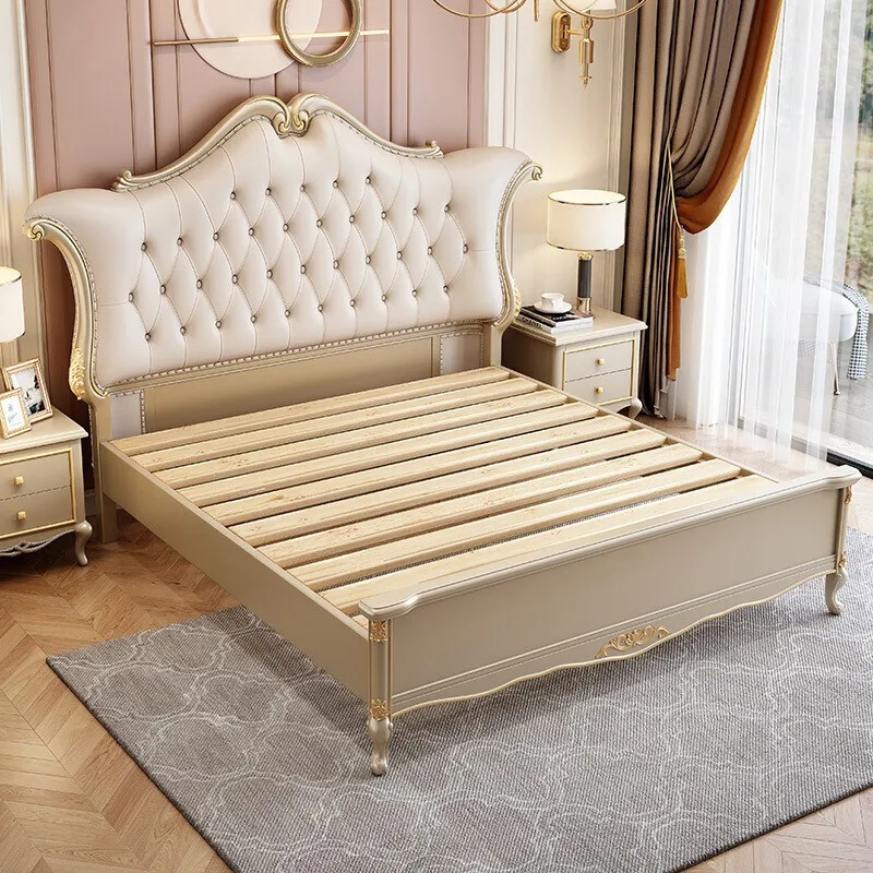 European Style Bed Master Bedroom Leather French Luxury Solid Wood Bed Frame King Size Wedding Bed For Home Hotel Furniture
