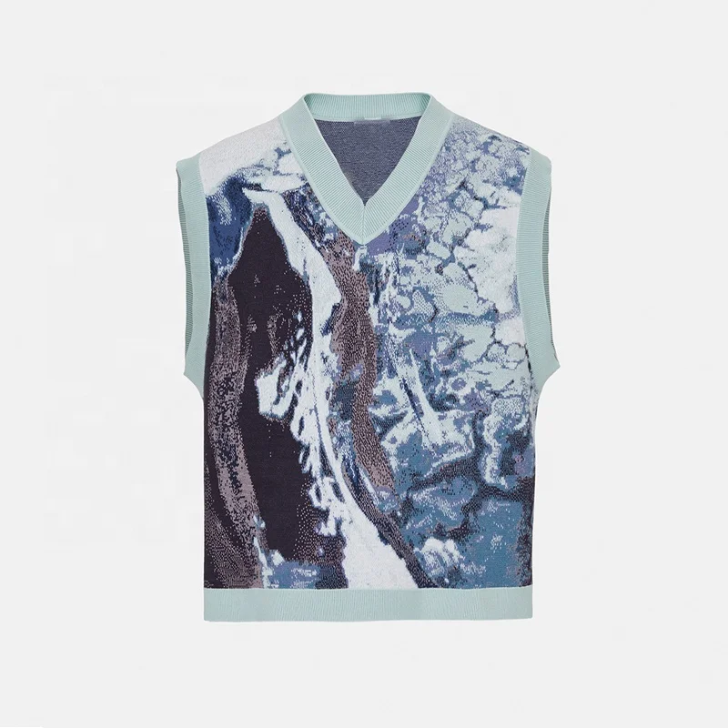 FYB V Neck High Quality Jumper Pullover Mountain Print Jacquard Knitted Mens Sleeveless knit custom Sweater