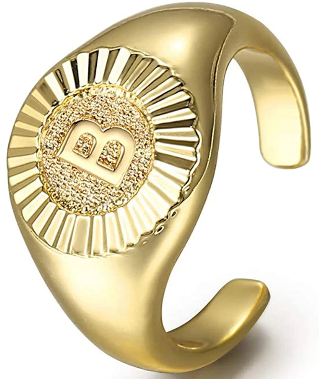 Gold Plated Initial Letter A-Z Signet Open Ring for Women Girls Stylish Knuckle Stackable Party Open Ring