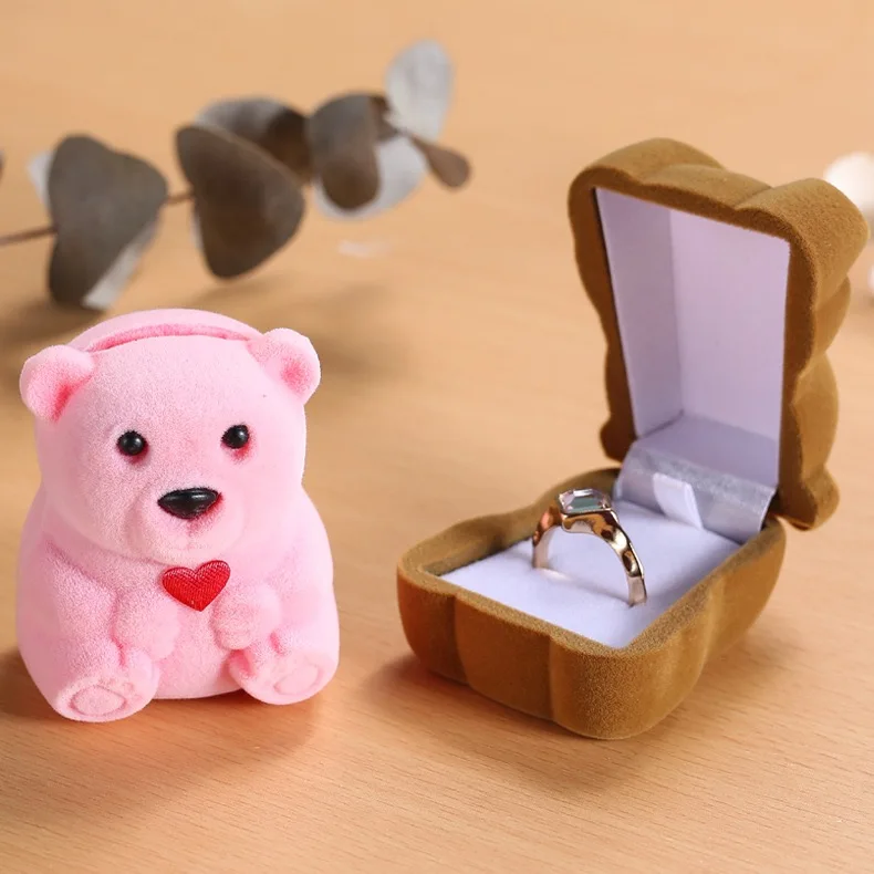 Cute Little Bear Ring Box Velvet Earring Jewelry Box Display Storage Case Gift Box for Proposal Engagement Wedding