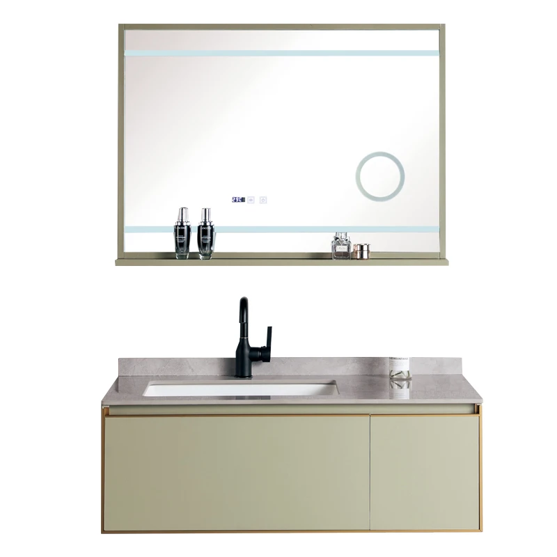 Marble Top Wall Hung Wooden Bathroom Cabinet Set Matte Green Solid Surface Vanity With Sink And Mirror