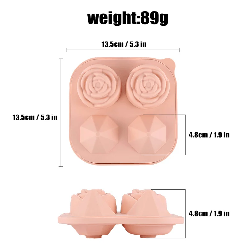 TAYHAO Rose Silicone Ice Tray  Diamond Flower Ice Cube Maker  Anti-leakage 4 Grids Reusable Ice Cube Maker 4 Cavity Large
