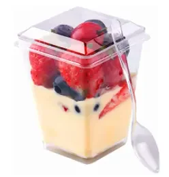 food grade cake cups 5oz Square Shape PS plastic disposable mousse dessert cup with spoon