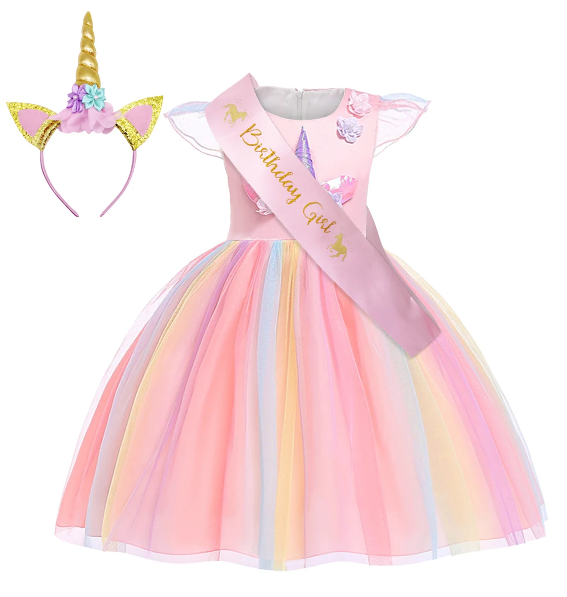 Cosplay  Chiffon Tutu Skirt Sweet Sleeveless Unicorn Girl Dress Child Skirt Christmas Dress Princess Dress with Headband