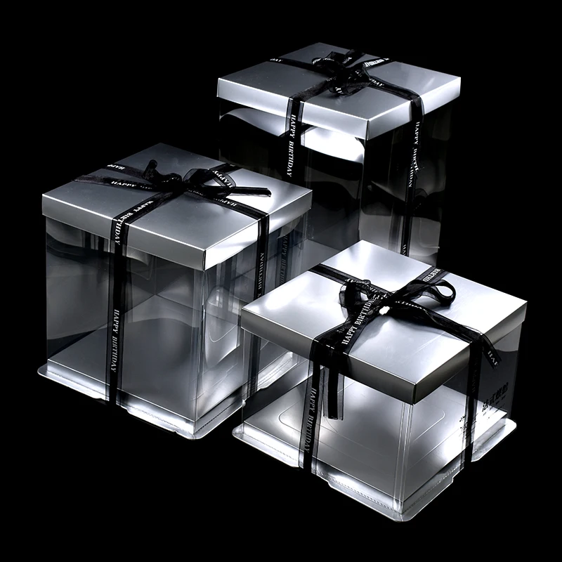 KCCB New Wedding Square Cake Box Silver Clear Decorative Cake Package Transparent PET Plastic Disposable Environmental Offset