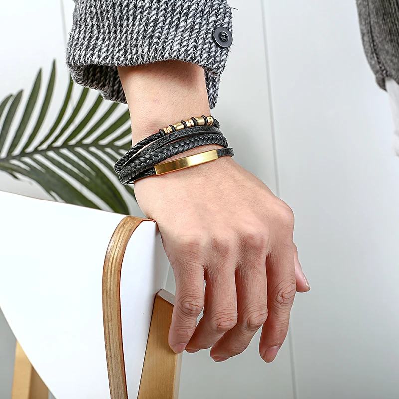 Trendy Genuine Leather Bracelets Men Stainless Steel Beads Multilayer Braided Rope Bracelets For Male Bracelets Jewelry