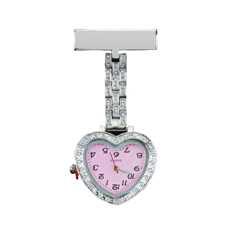 Custom logo New Heart-shaped Nurse Watch Medical Chronograph Chest Watch Pendant Rhinestone Doctor Clock
