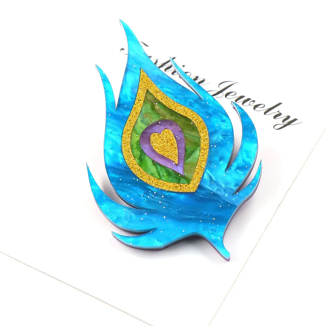 2023 BHS012BH1036 Promotion Peacock Feather Safety Pin Blue Jewelry Mother Gift Glitter Acrylic Brooches