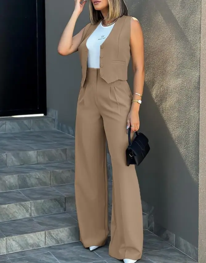 C0126 Latest Design Two Piece Set Women Clothing Office Ladies Suit Waistcoats Wide Leg Pants Set 2 Piece Outfits For Women