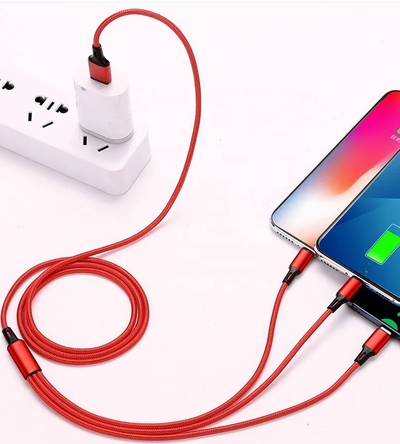 Заводской OEM 3 в 1, нейлоновый плетеный кабель 2A micro usb type C, зарядный кабель для телефона iphone, samsung, huawei, usb-кабель