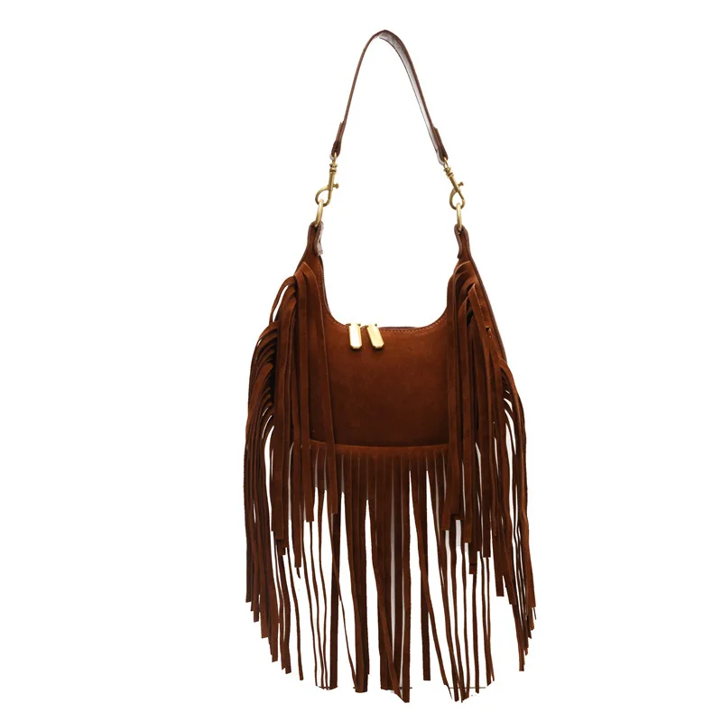 Trendy Suede Leather Tassel Hobo Shoulder Bags Featured Purses Bohemian Fringed Handbags Crossbody Bags for Women