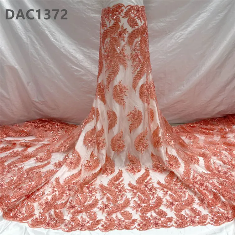 High Quality Beads Embroidery Fabric Sequence Net Lace Coral Lace Fabric