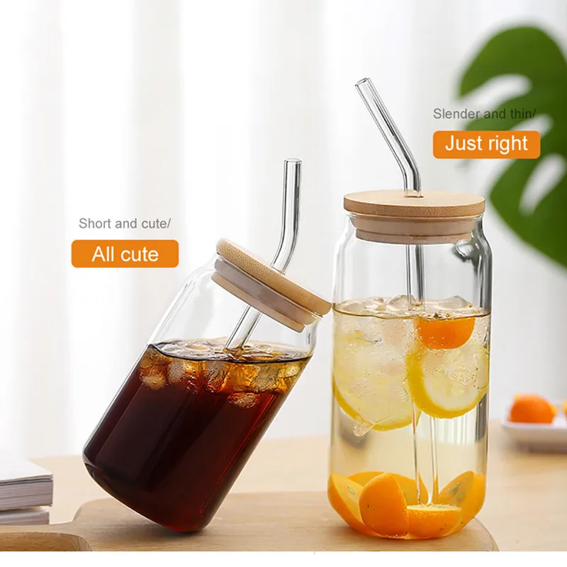 Drinking Cup Glasses with Bamboo Lid and Glass Straws Cute Glasses Beer Jars Glasses beer can glass