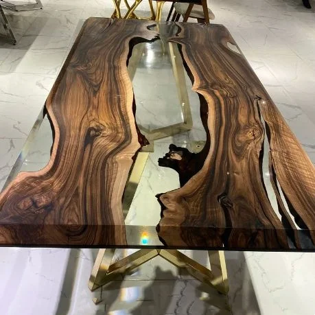 Factory Price luxury outdoor furniture custom size river epoxy walnut wood slab dining resin restaurant table