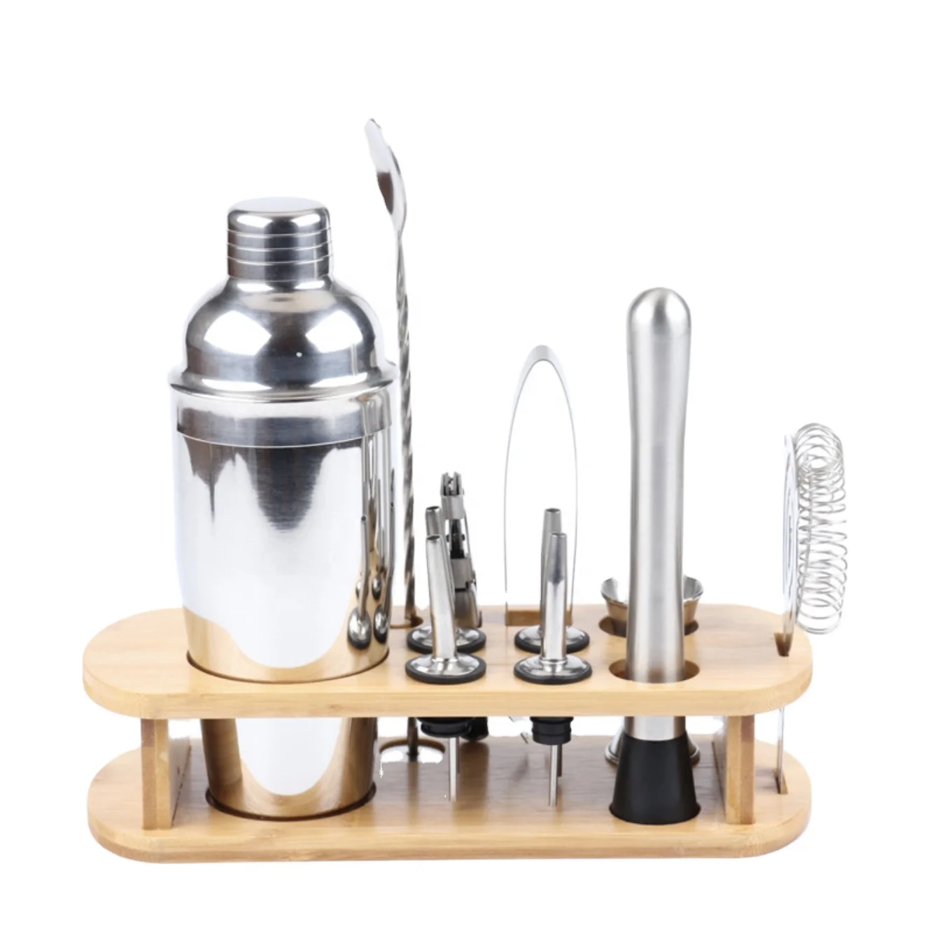 Amazon top seller Customized mixology bartender kit Wood stand 12-piece stainless steel cocktail shaker set