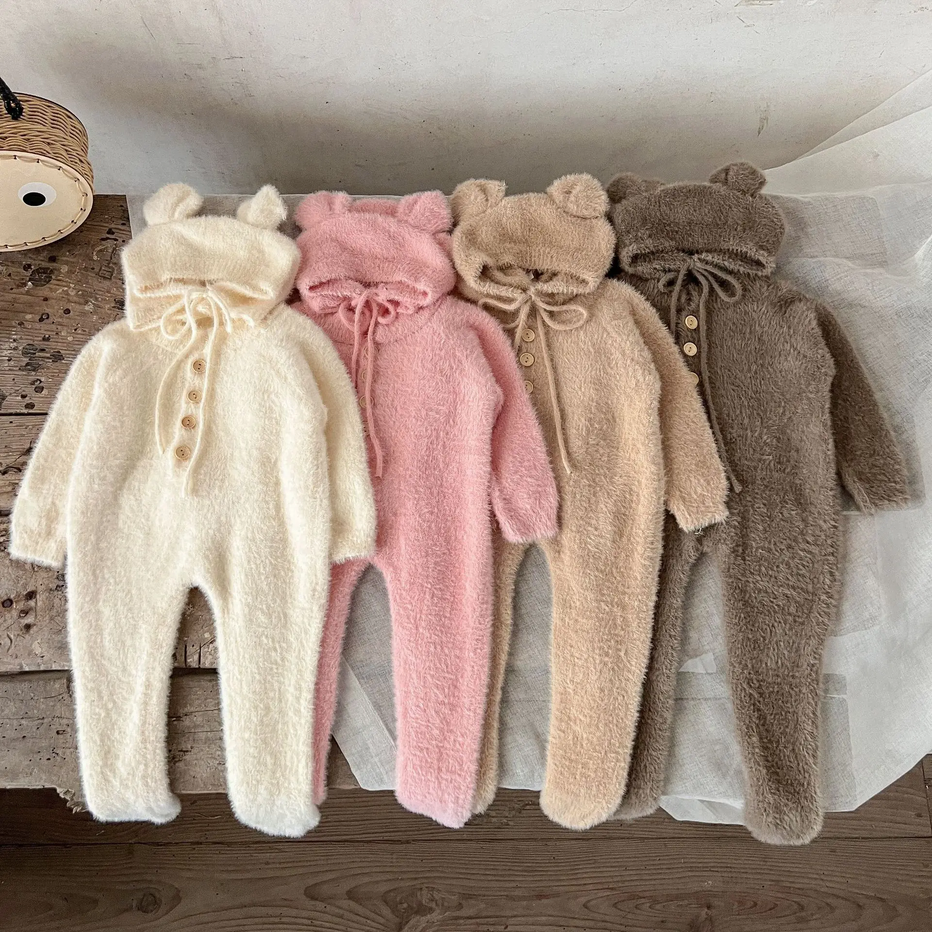 Wool Fleece Newborn Soft Long Jumpsuits Buttons Neutral Baby Footie Romper with Bear Hats Set