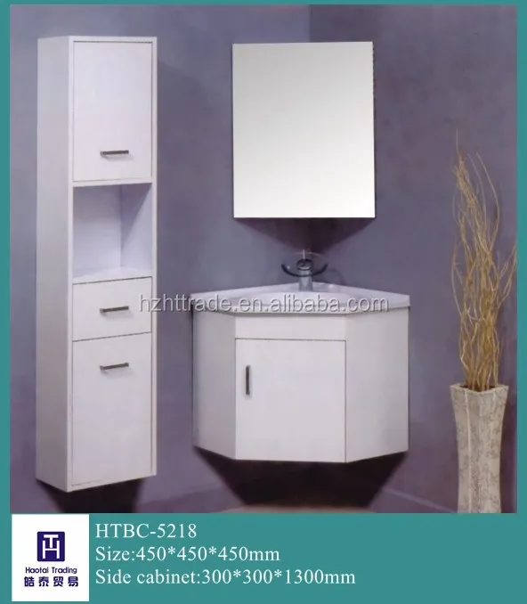 Modern Small Antique Bathroom Vanity Cabinet White Wood PVC Ceramic Countertop Mirror Wash Basin Floor Mounted Corner Design