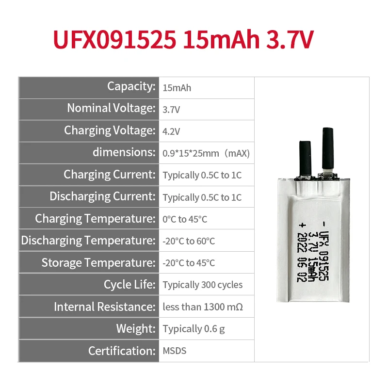 3.7 V 15mAh Ultra Thin Battery 091525