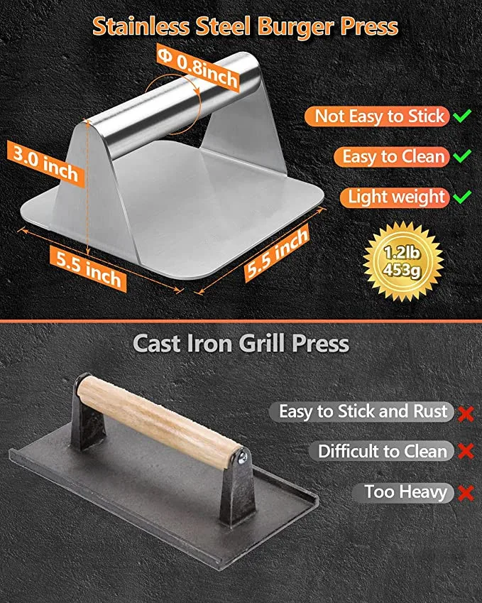 Stainless Steel Square Burger smasher Non-Stick Bacon Grill  Press Burger Professional Griddle Accessories Kit