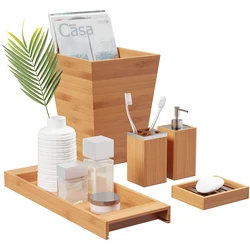 Bamboo Bath Accessories-5-Piece Set, Lotion Dispenser, Soap Dish, Toothbrush Holder Bathroom and Vanity/Homex_BSCI Factory