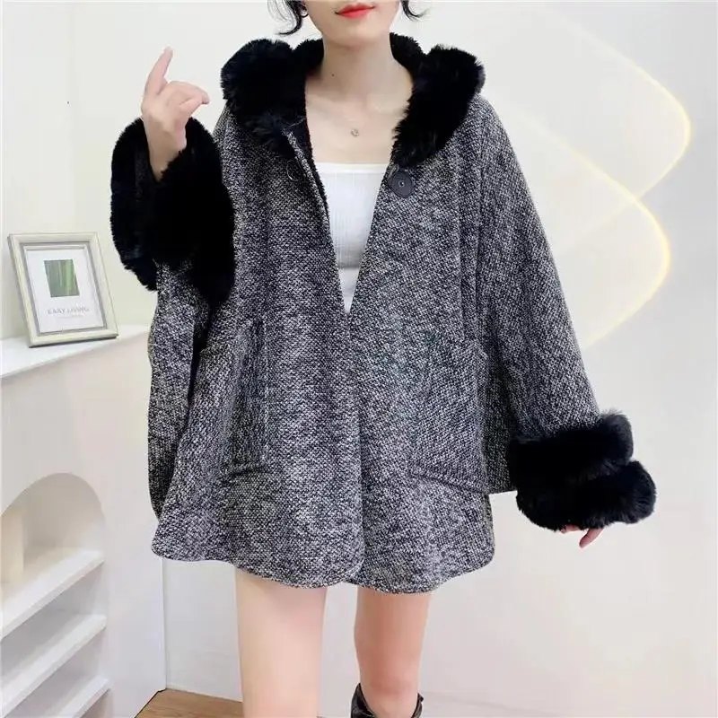 Faux Rabbit Fur Neck Big Pendulum Cloak Women Cardigan Mantle Winter Warm Thick Poncho Loose Streetwear Overcoat With Hat Pocket