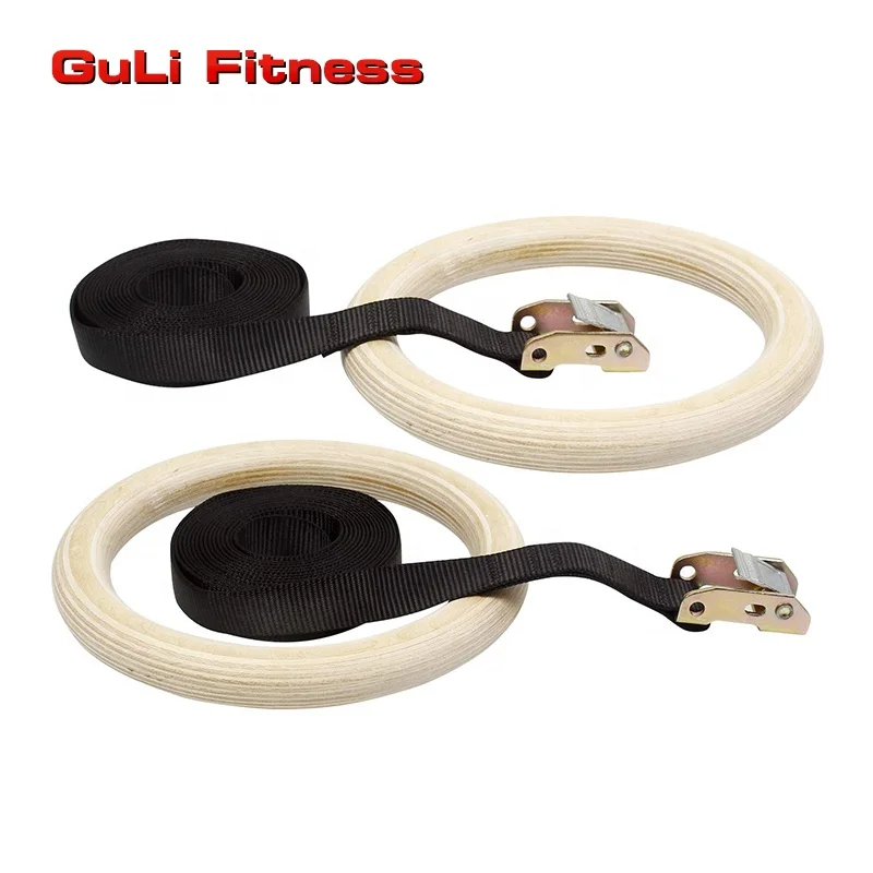Guli Fitness Wooden Gymnastic Rings with Adjustable Cam Buckle Straps Pull Up Exercise Rings for Home Gym Body Workout