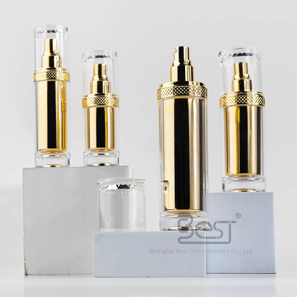 Body Lotion Bottle Cosmetic Container Acrylic Skincare Packaging Bottle and Jar Golden Luxury Skin Care Packaging Custom PET