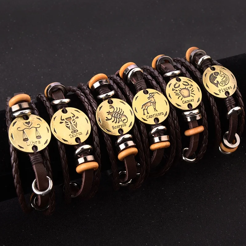 2020 new fashion valentines day gifts 12 zodiac horoscope leather Beaded bangle bracelet jewelry for men