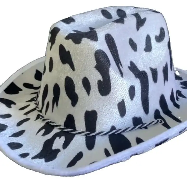 Professional Designer Milk Print Cotton Yarn outdoor large brim Cowboy Hat Western Cow Pattern Double Fleece Shaped Cowgirl Hat