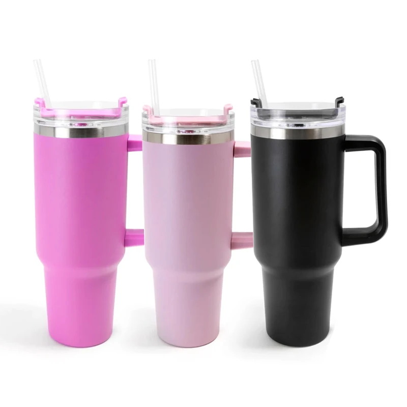 Camping Outdoor Custom Logo Stainless Steel Tumblers 40 oz Powder Coated Double Walled Travel Tumbler with handle and straw