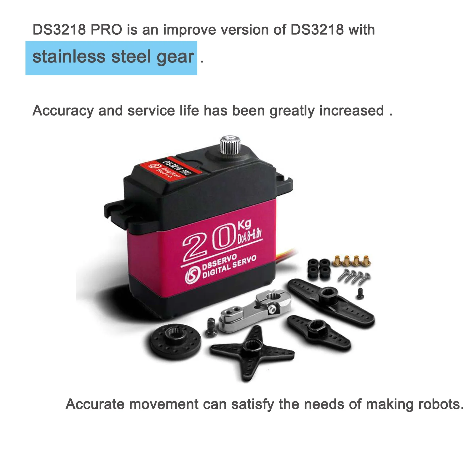 RCmall DS3218 PRO цифровой сервопривод 20 кг шестерни из нержавеющей стали IP66 водонепроницаемый RC для 1/8 1/10 весов автомобиля (270 /180 градусов)