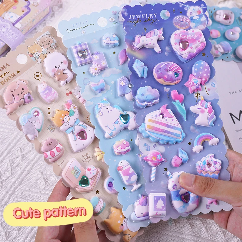 Kids 3D cartoon stickers Puffy foam decals soft thickened puffy sticker with Rhinestones gem Dogs Penguin Fly horse design