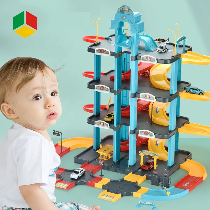 QS High Quality Boy Game Play Against Race Track Set Toys Plastic Garage Toy City Music Light Parking Lot Toy With Car Plane