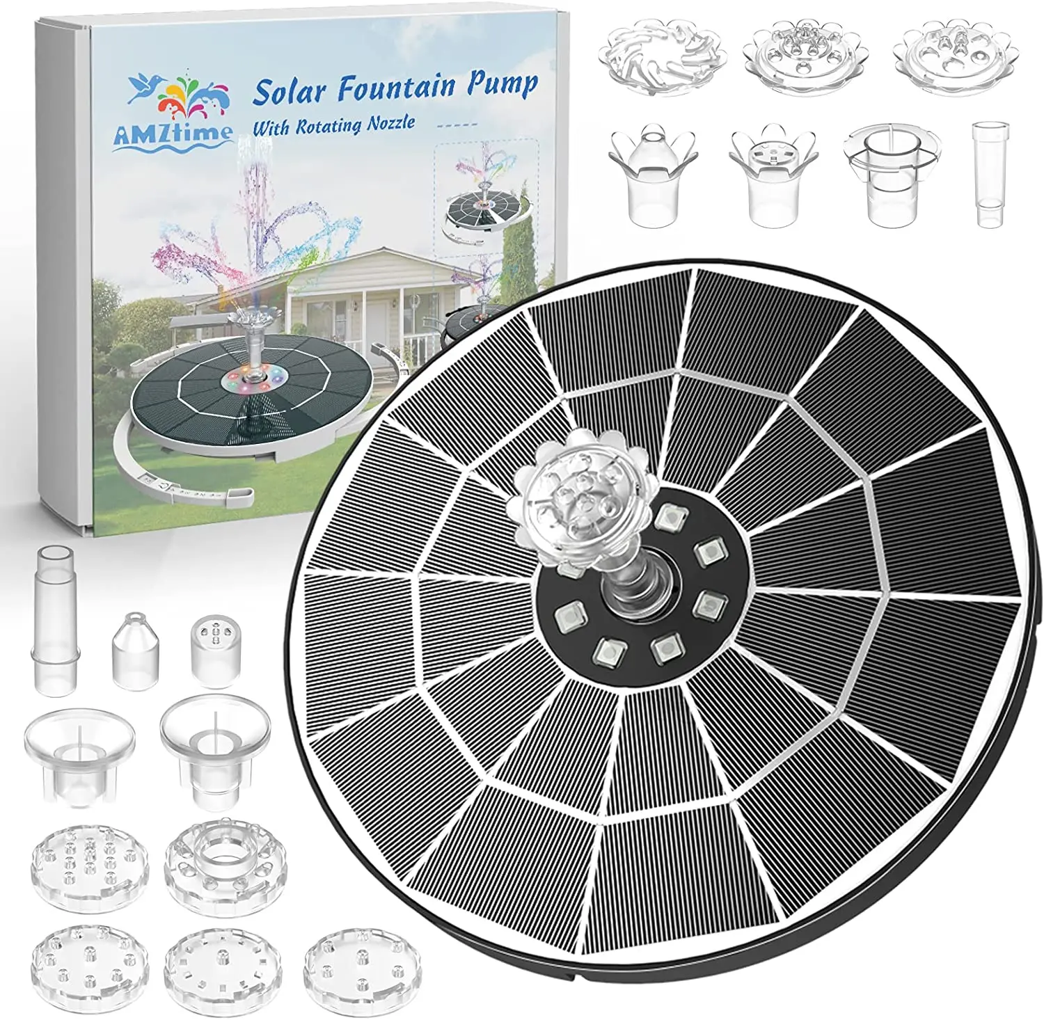 AISITIN 5.5W LED Solar Fountain Pump with Lights for Garden, DIY 100% Glass Solar Panel Powered Water Fountain with 16 Nozzle